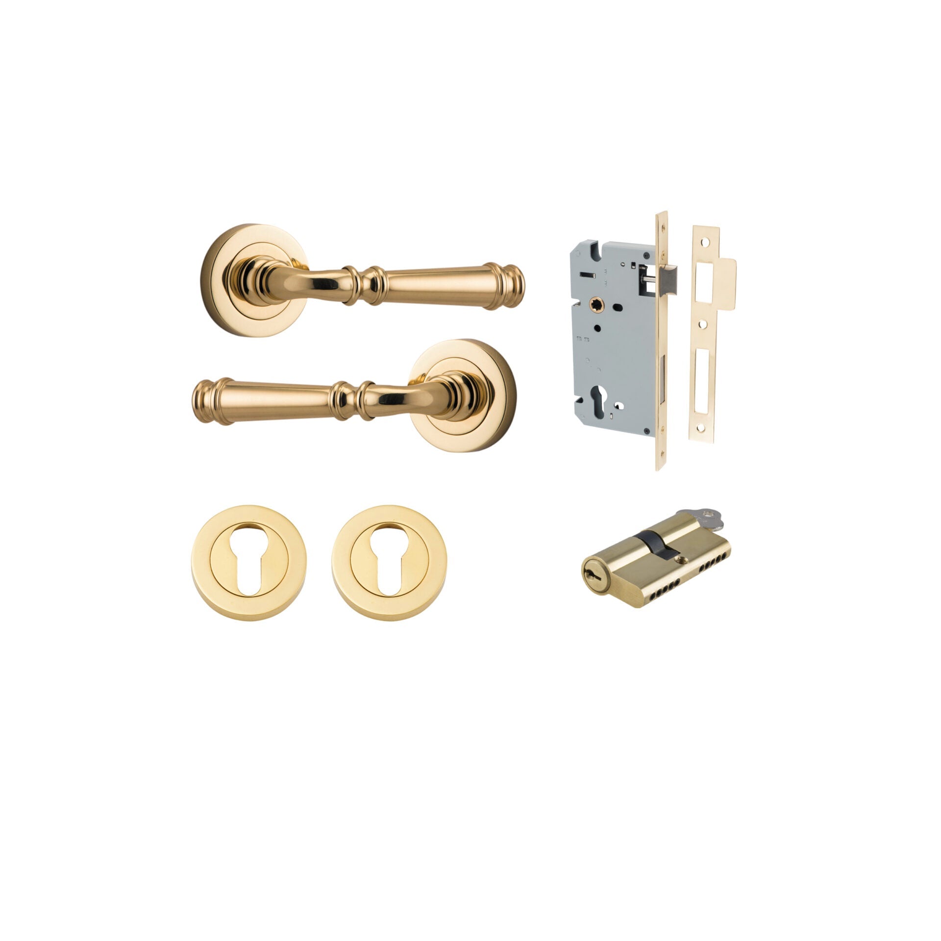 Verona Lever - Round Rose - Entry Point - Iver - Polished Brass - Door Levers