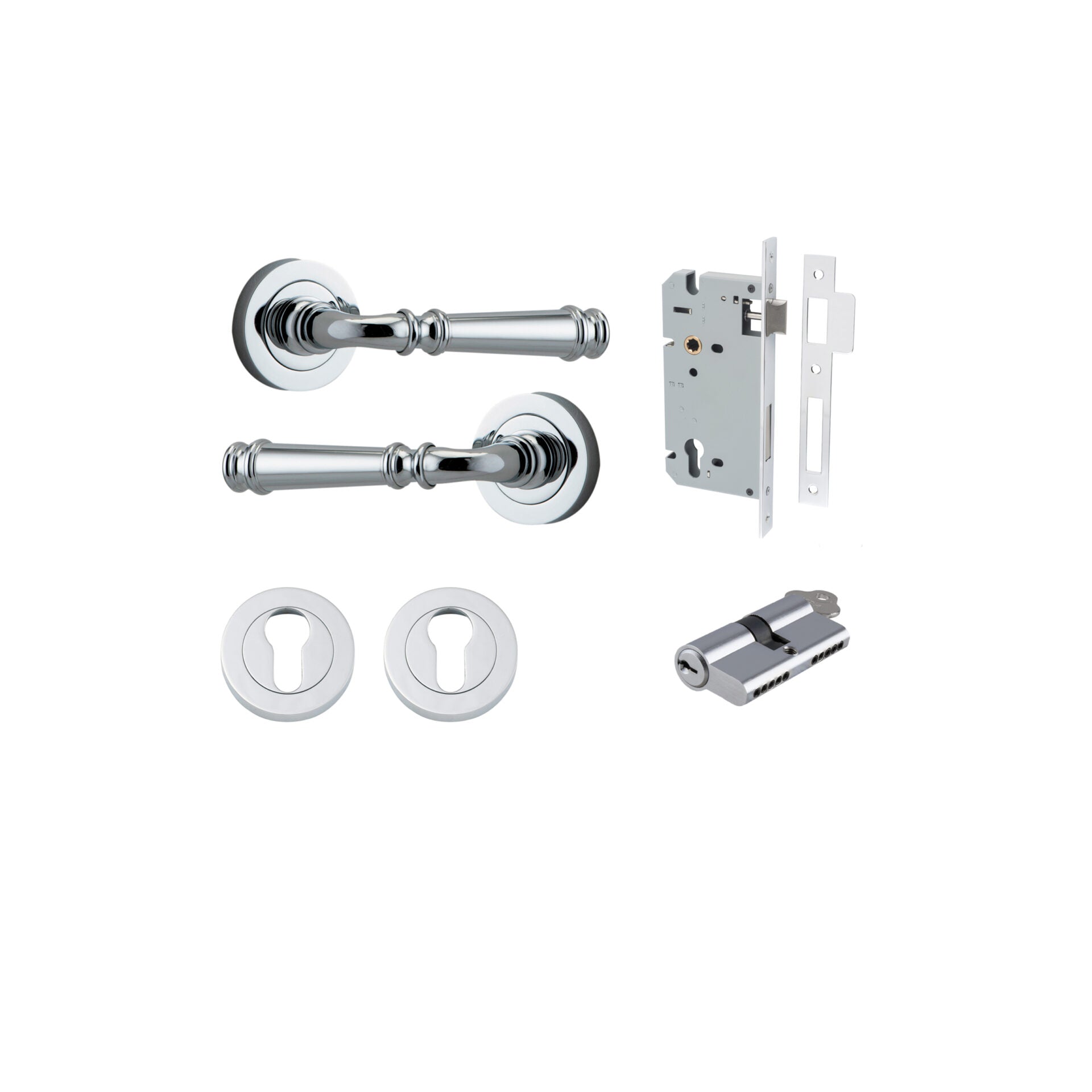 Verona Lever - Round Rose - Entry Point - Iver - Polished Chrome - Door Levers