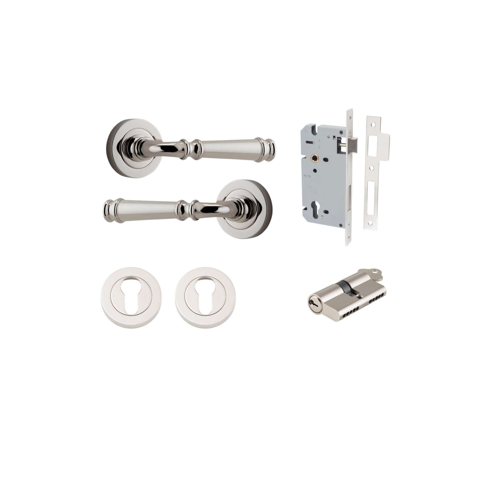 Verona Lever - Round Rose - Entry Point - Iver - Polished Nickel - Door Levers