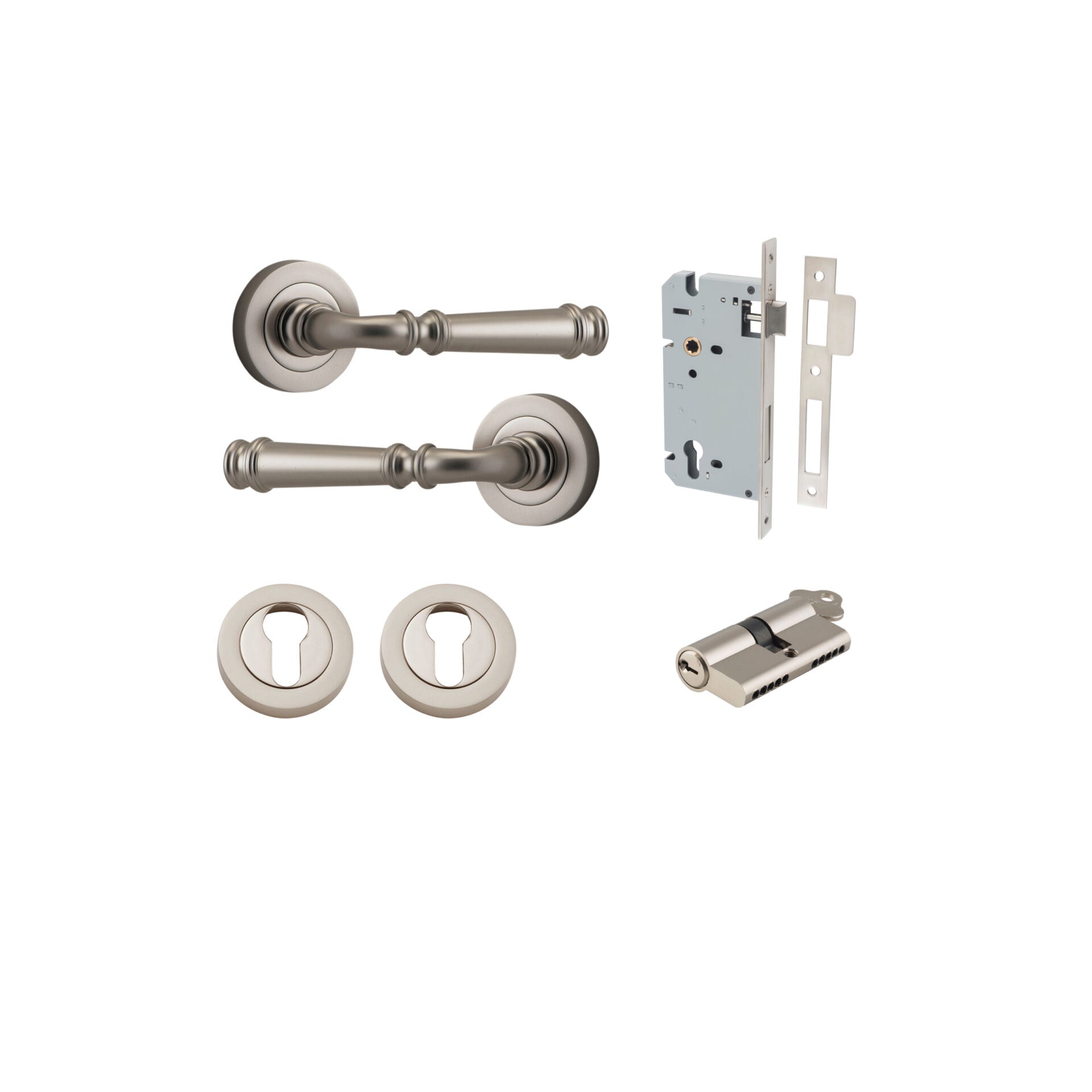 Verona Lever - Round Rose - Entry Point - Iver - Satin Nickel - Door Levers