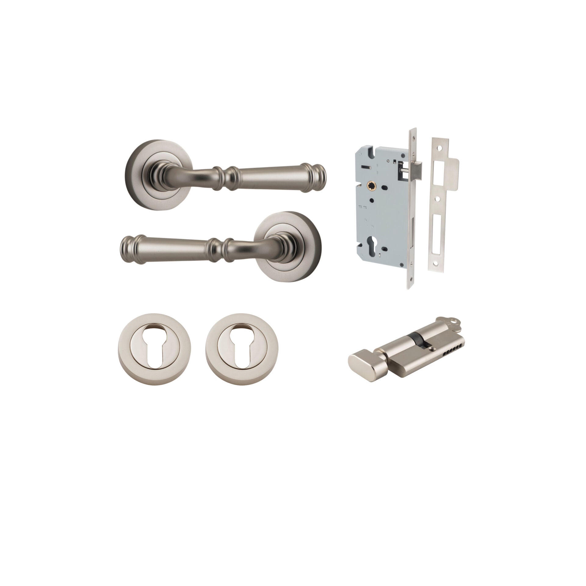 Verona Lever - Round Rose - Entry Point - Iver - Satin Nickel - Door Levers