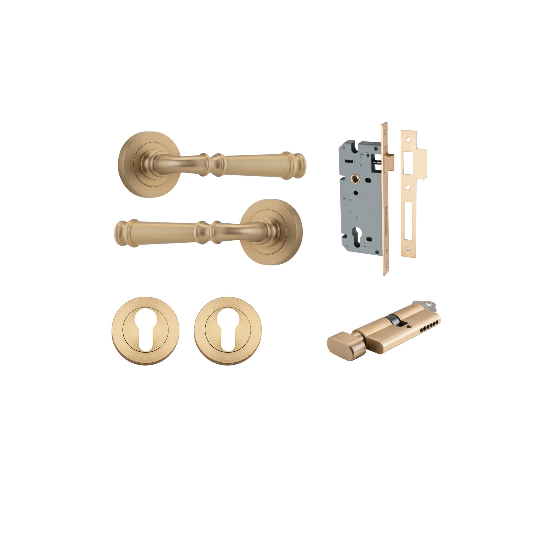 Verona Lever - Round Rose - Entry Point - Iver - Brushed Brass - Door Levers