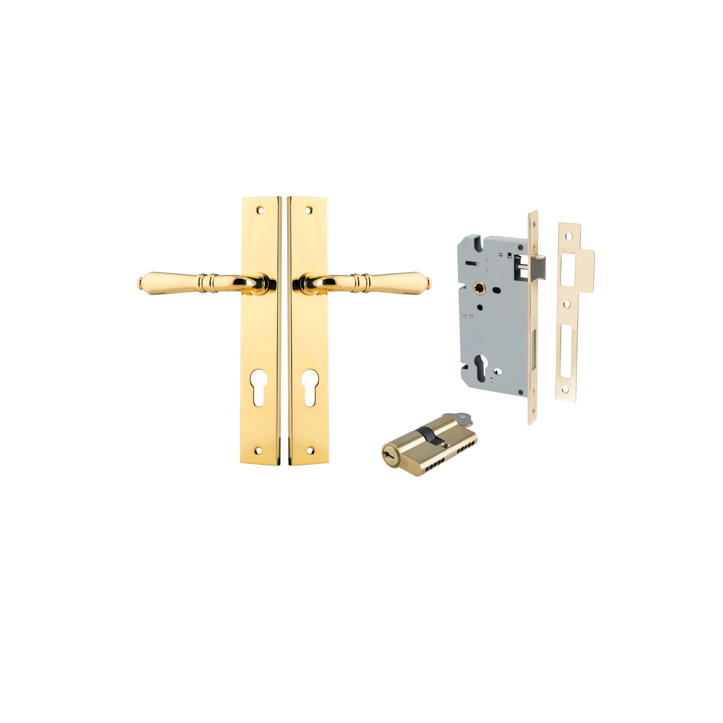 Sarlat Lever - Rectangular Backplate - Entry Point - Iver - Polished Brass - Door Levers