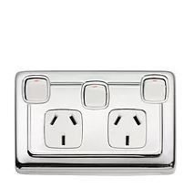 3 Gang Flat Plate Rocker Switches with Double Socket by Tradco - Entry - Point - 5887 - Tradco