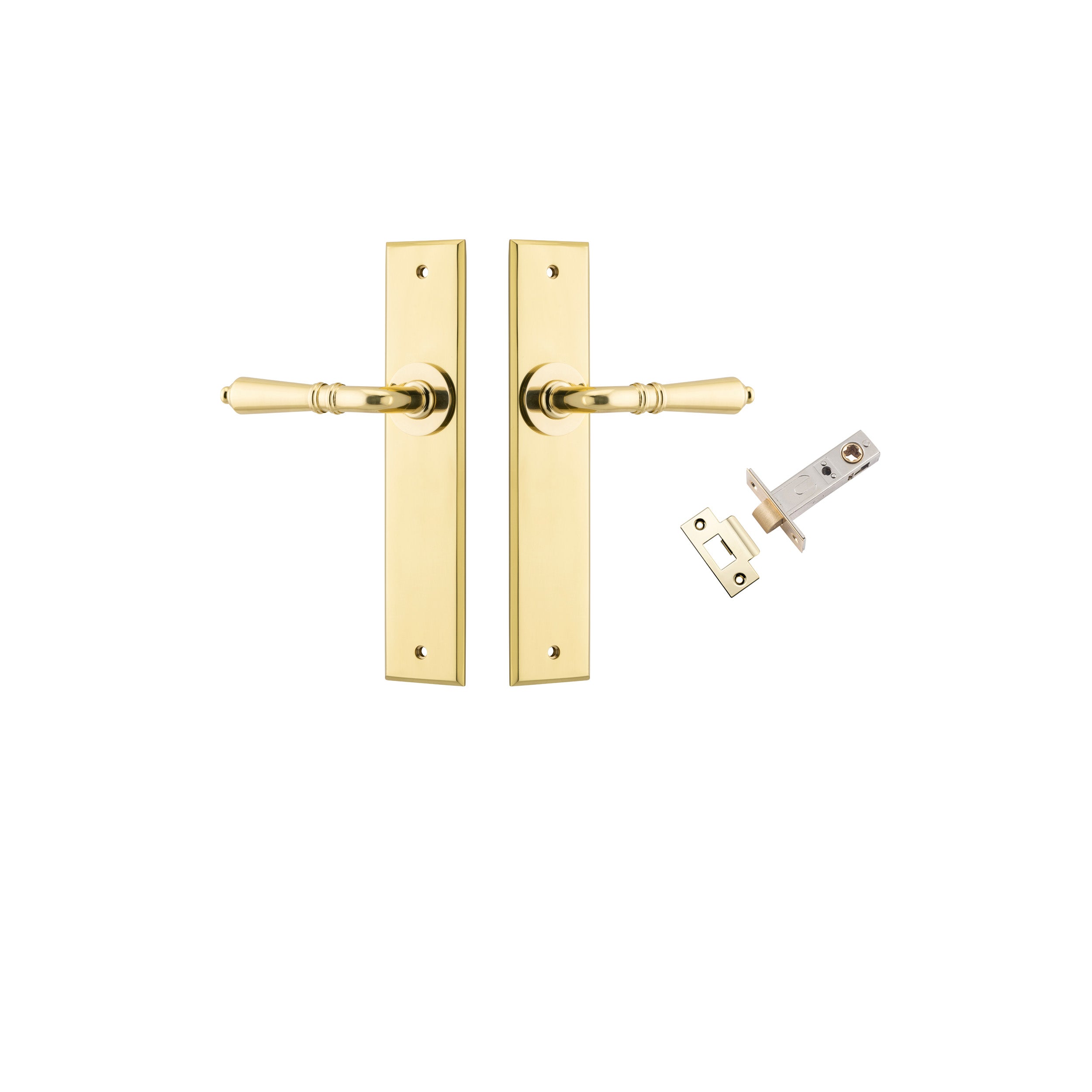 Sarlat Lever - Chamfered Backplate - Entry Point - Iver - Brushed Gold PVD - Door Levers