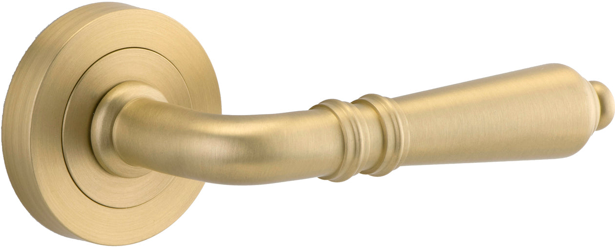 Sarlat Lever - Round Rose - Entry Point - Iver - Brushed Gold PVD - Door Levers