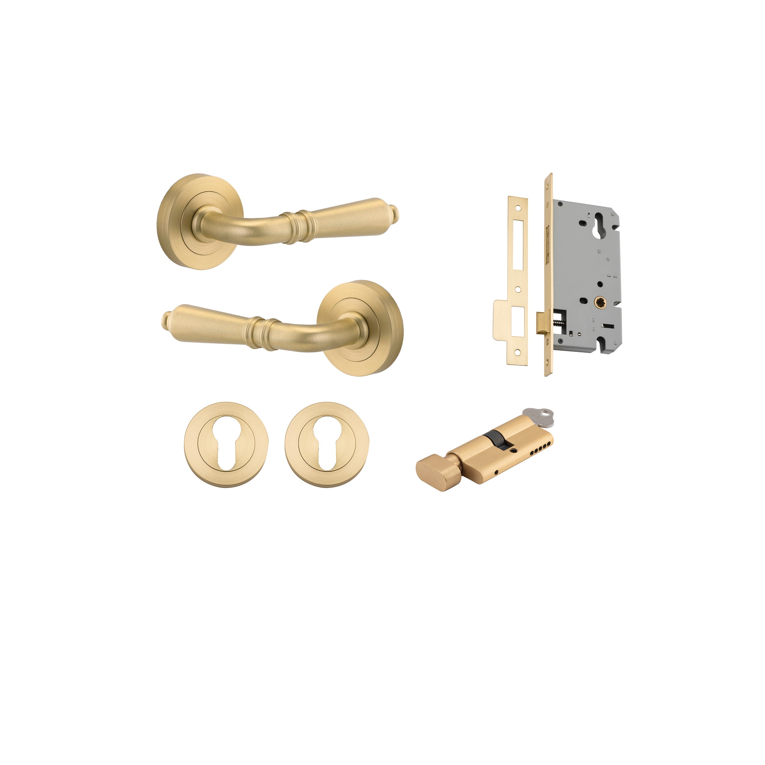 Sarlat Lever - Round Rose - Entry Point - Iver - Brushed Gold PVD - Door Levers