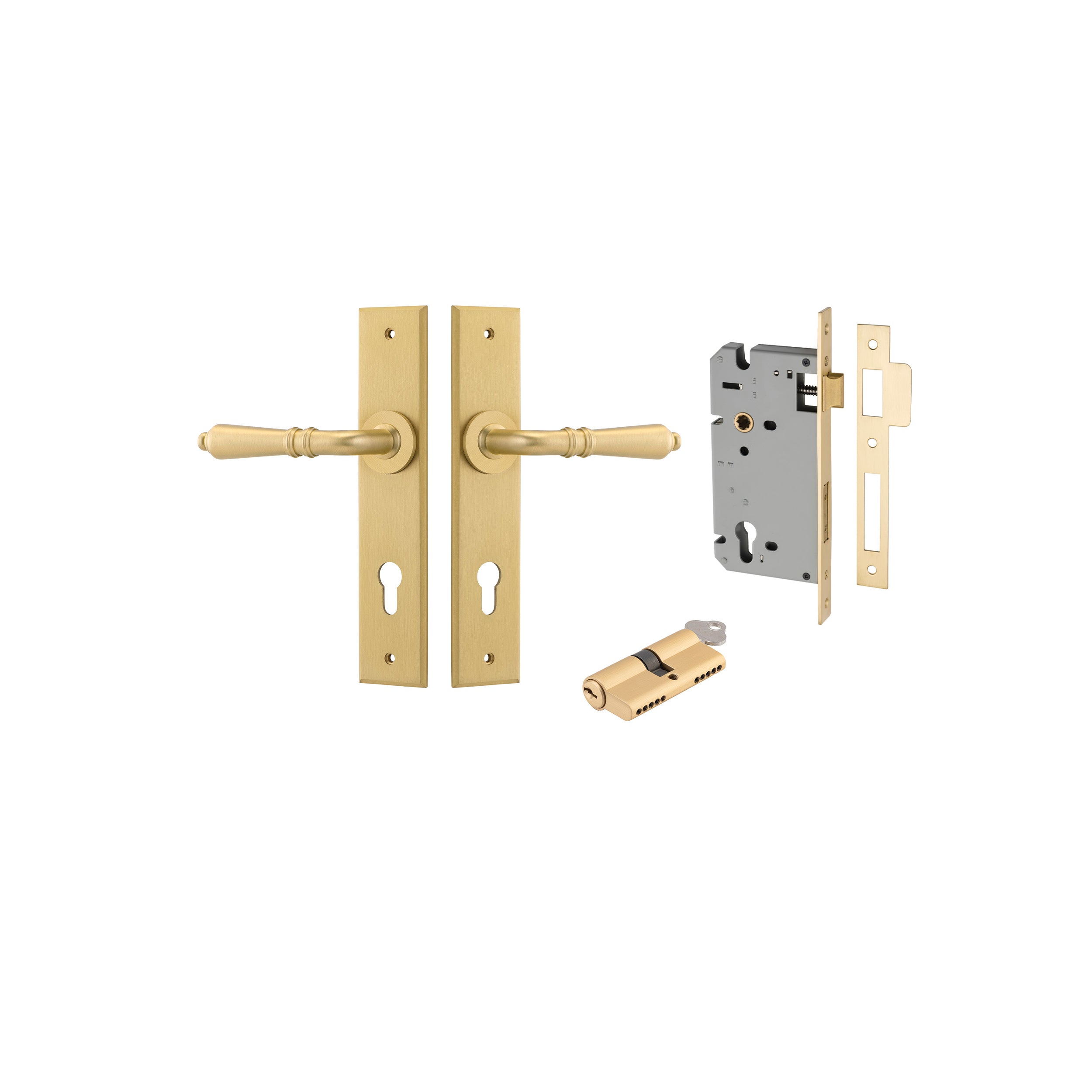 Sarlat Lever - Chamfered Backplate - Entry Point - Iver - Brushed Gold PVD - Door Levers