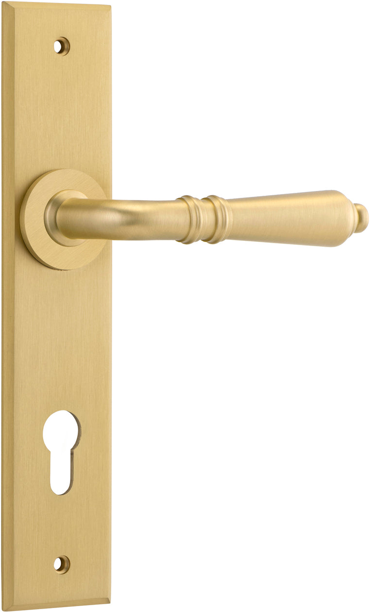 Sarlat Lever - Chamfered Backplate - Entry Point - Iver - Brushed Gold PVD - Door Levers