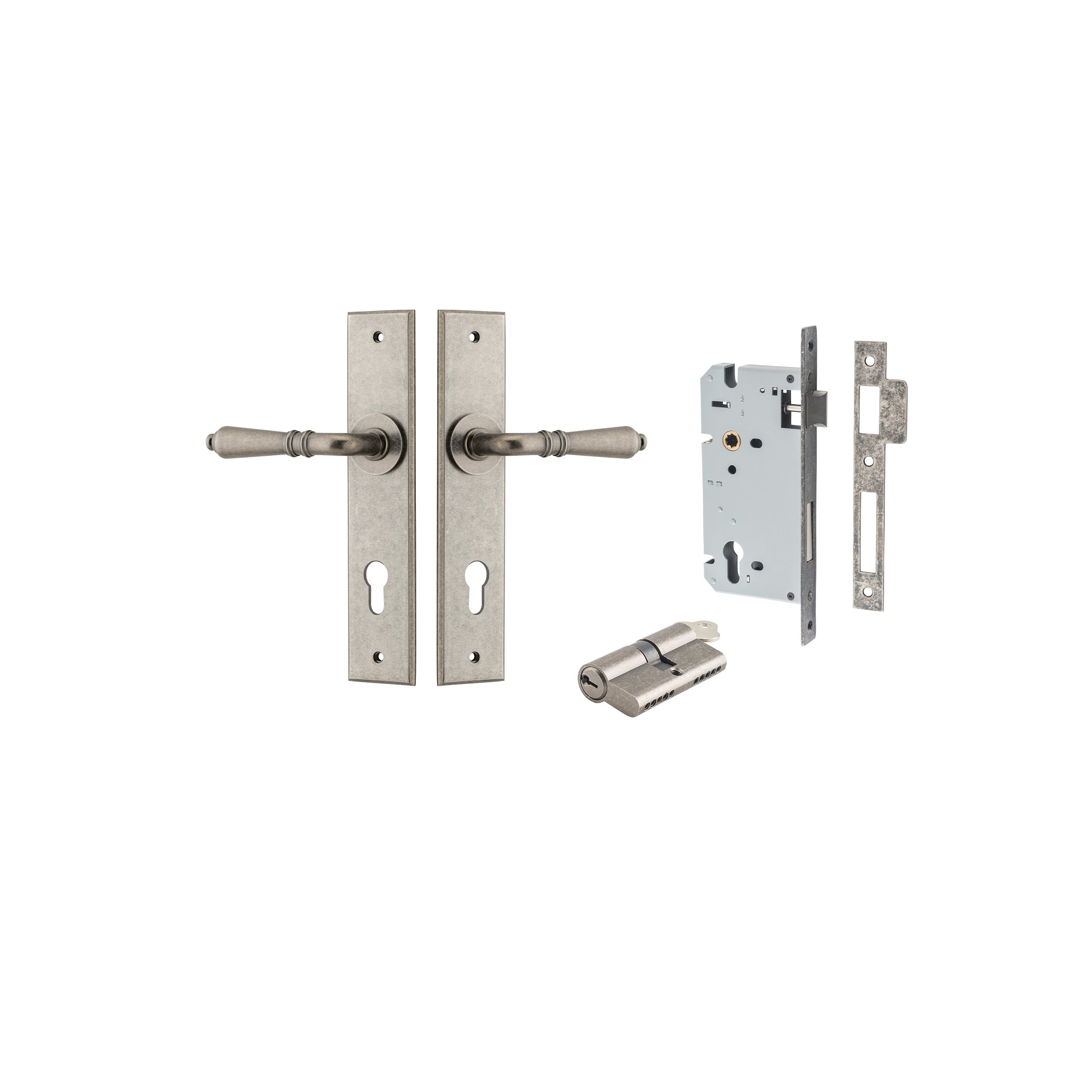 Sarlat Lever - Chamfered Backplate - Entry Point - Iver - Distressed Nickel - Door Levers