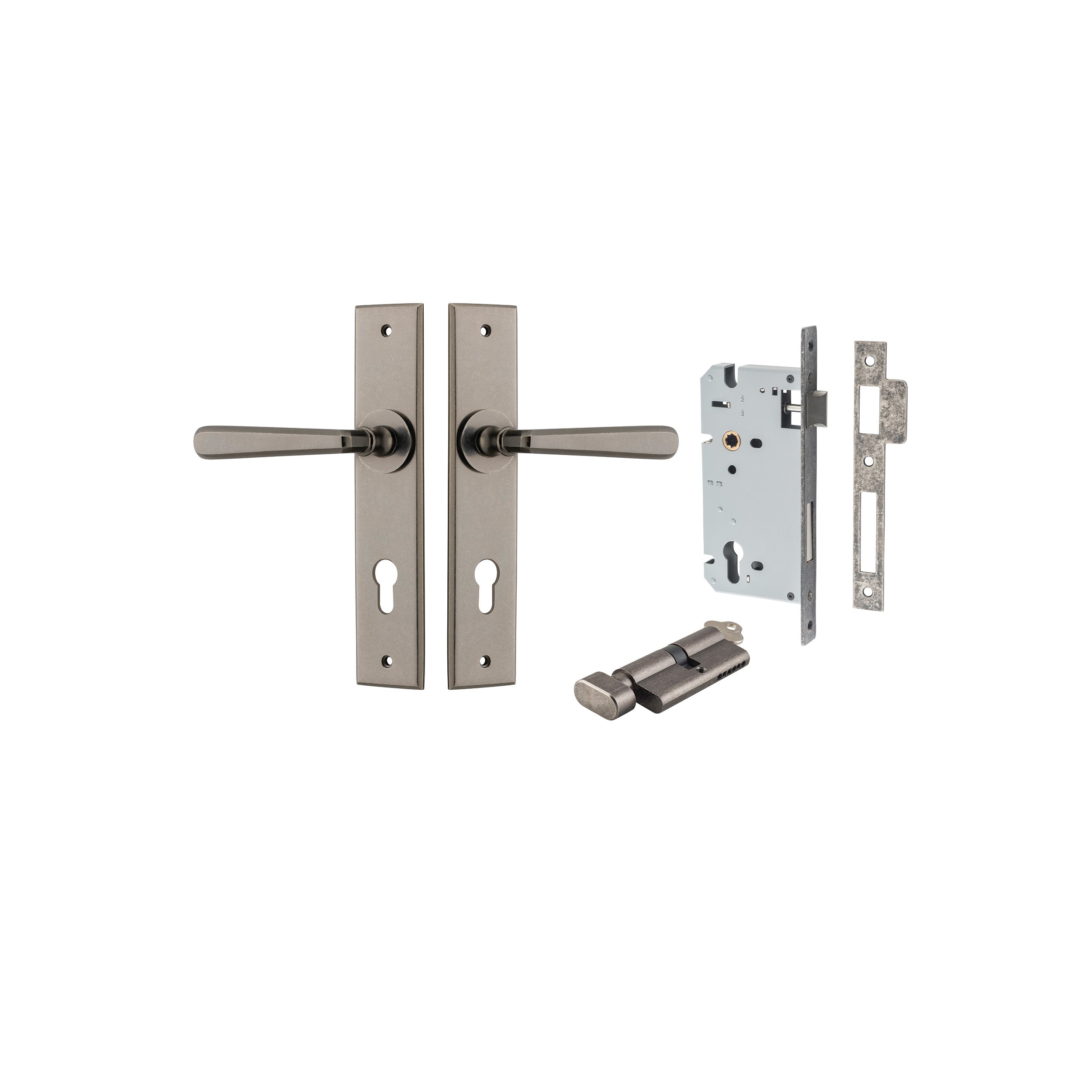 Copenhagen Lever - Chamfered Backplate - Entry Point - Iver - Distressed Nickel - Door Levers