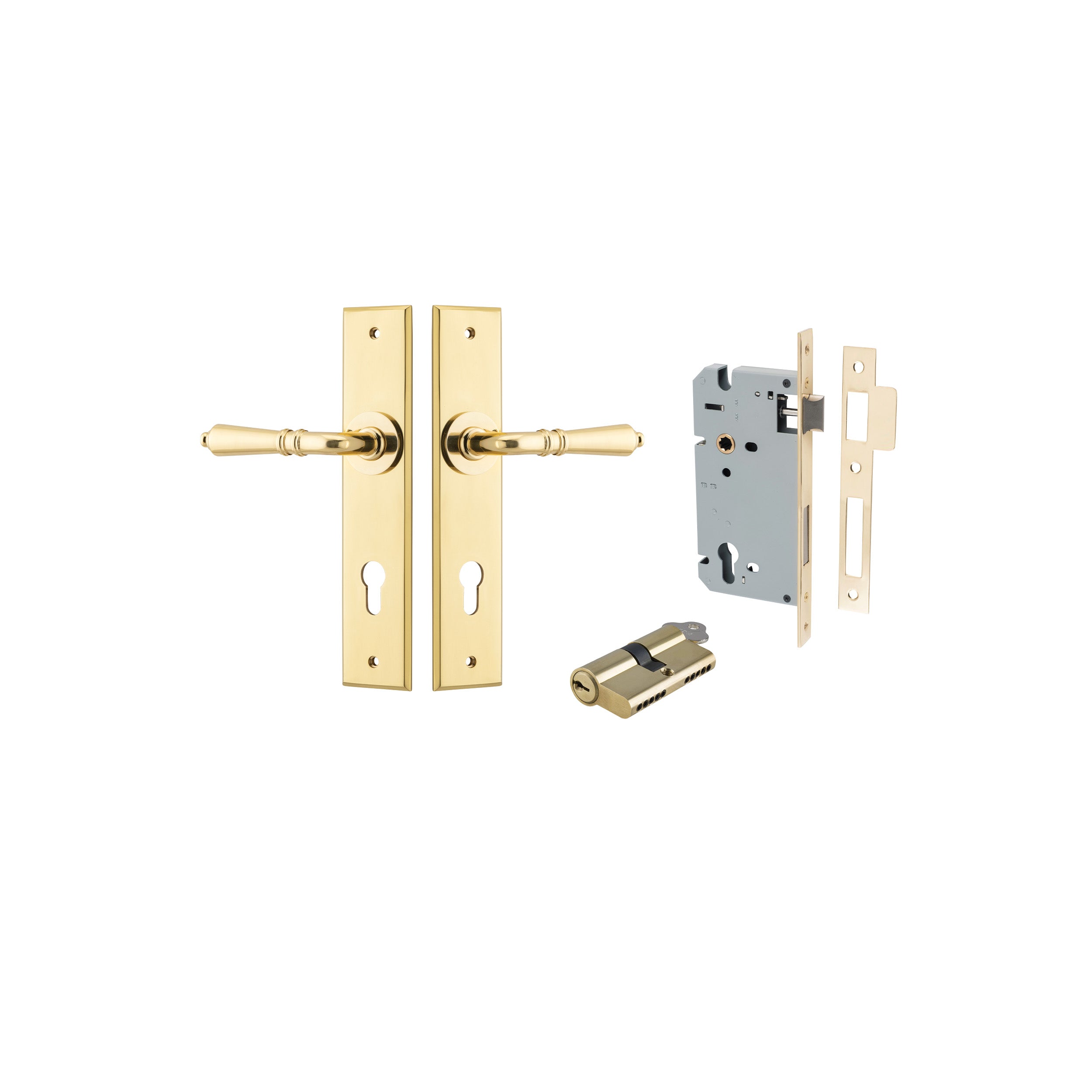 Sarlat Lever - Chamfered Backplate - Entry Point - Iver - Polished Brass - Door Levers