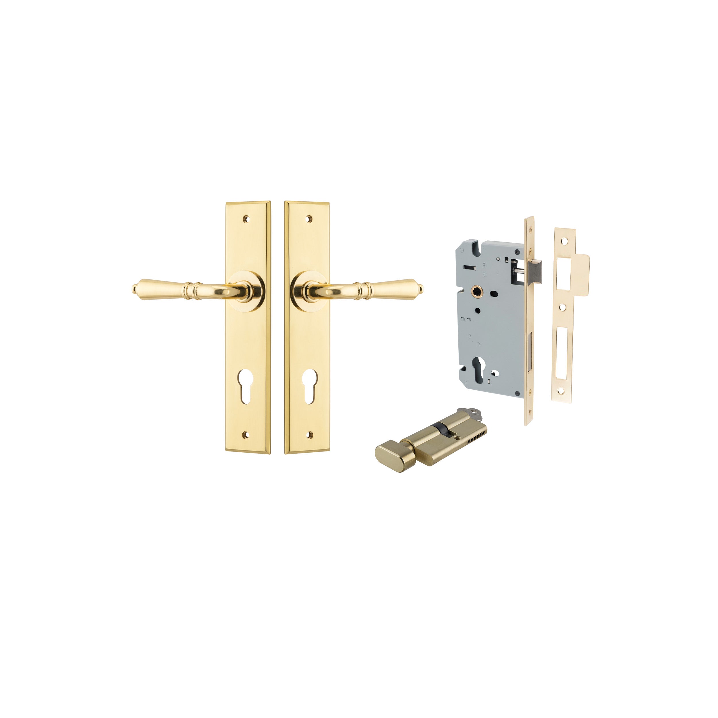 Sarlat Lever - Chamfered Backplate - Entry Point - Iver - Polished Brass - Door Levers