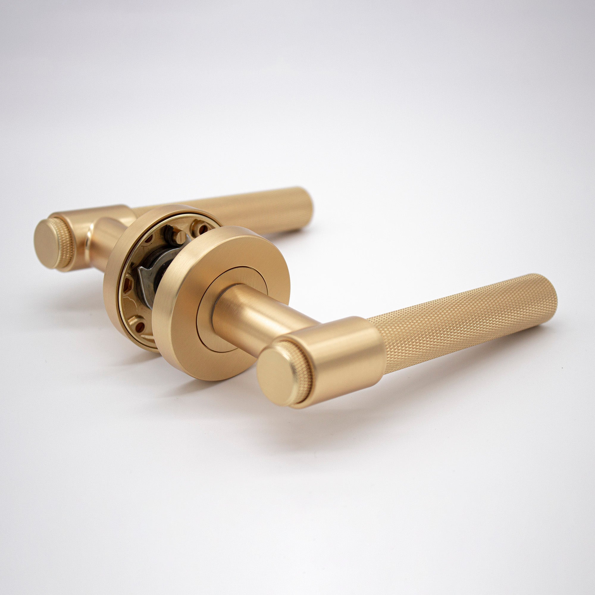 Satin Brass Knurled Passage Door Handle - Rosedale - Manovella