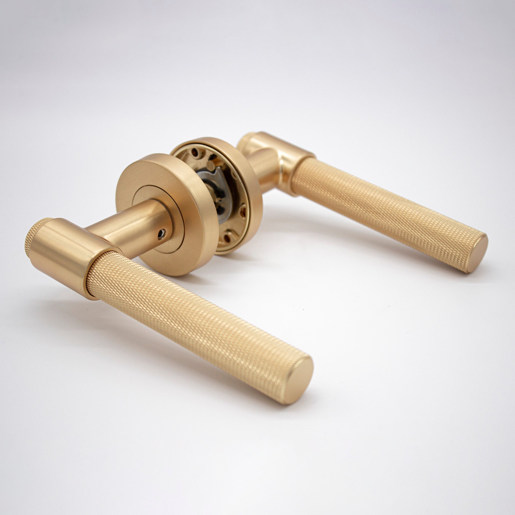 Satin Brass Knurled Passage Door Handle - Rosedale - Manovella