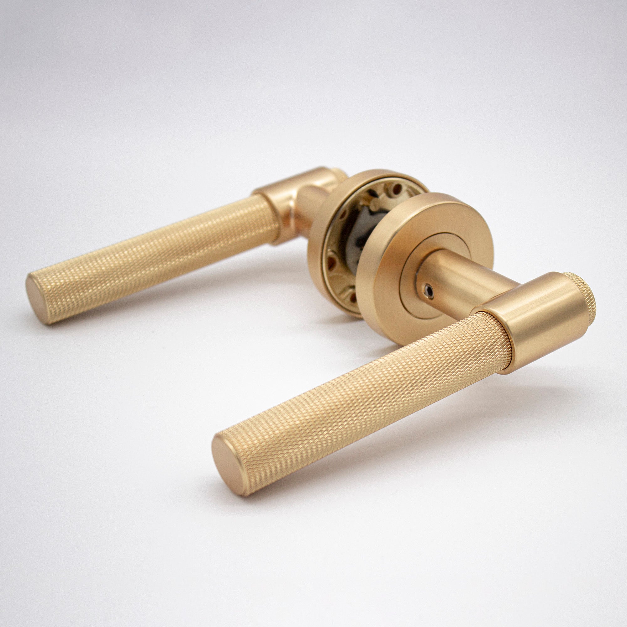 Satin Brass Knurled Passage Door Handle - Rosedale - Manovella