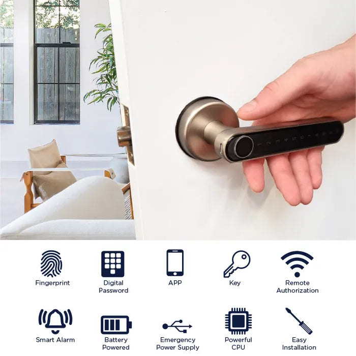 LOCKTON 'E-Series' (Round Rose Leverset) SMART DOOR LOCK *Silver* - Suits 60-70mm Adj. Latch