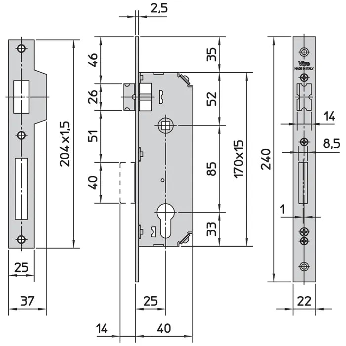 Viro Euro Mortice Lock 25mm Back Set