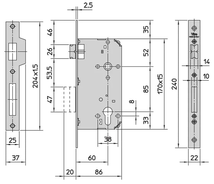 VIRO Euro Mortice Lock (60mm B/Set) - Double Throw