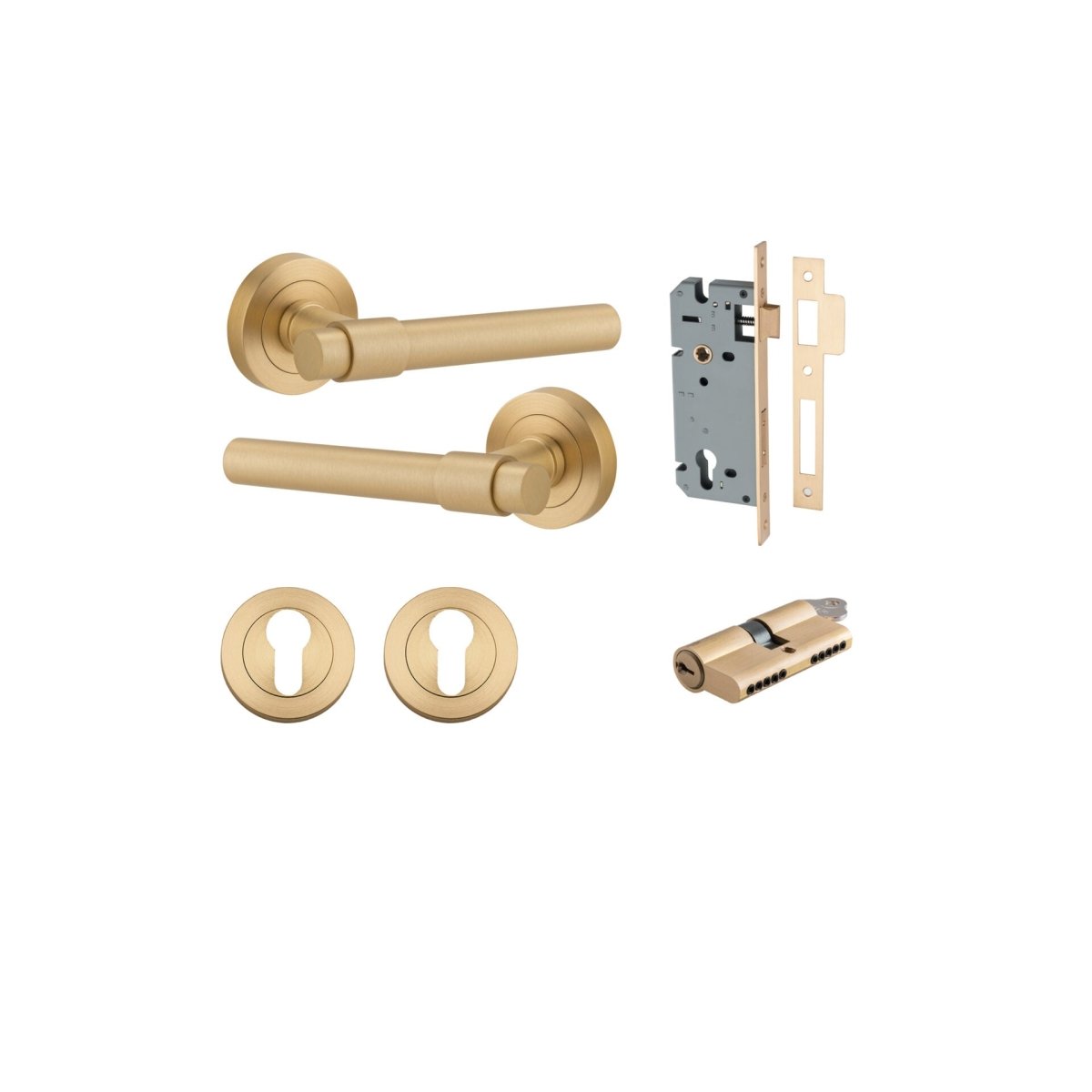 Helsinki Lever - Round Rose - Entry Point - Iver - Brushed Brass - Door Levers