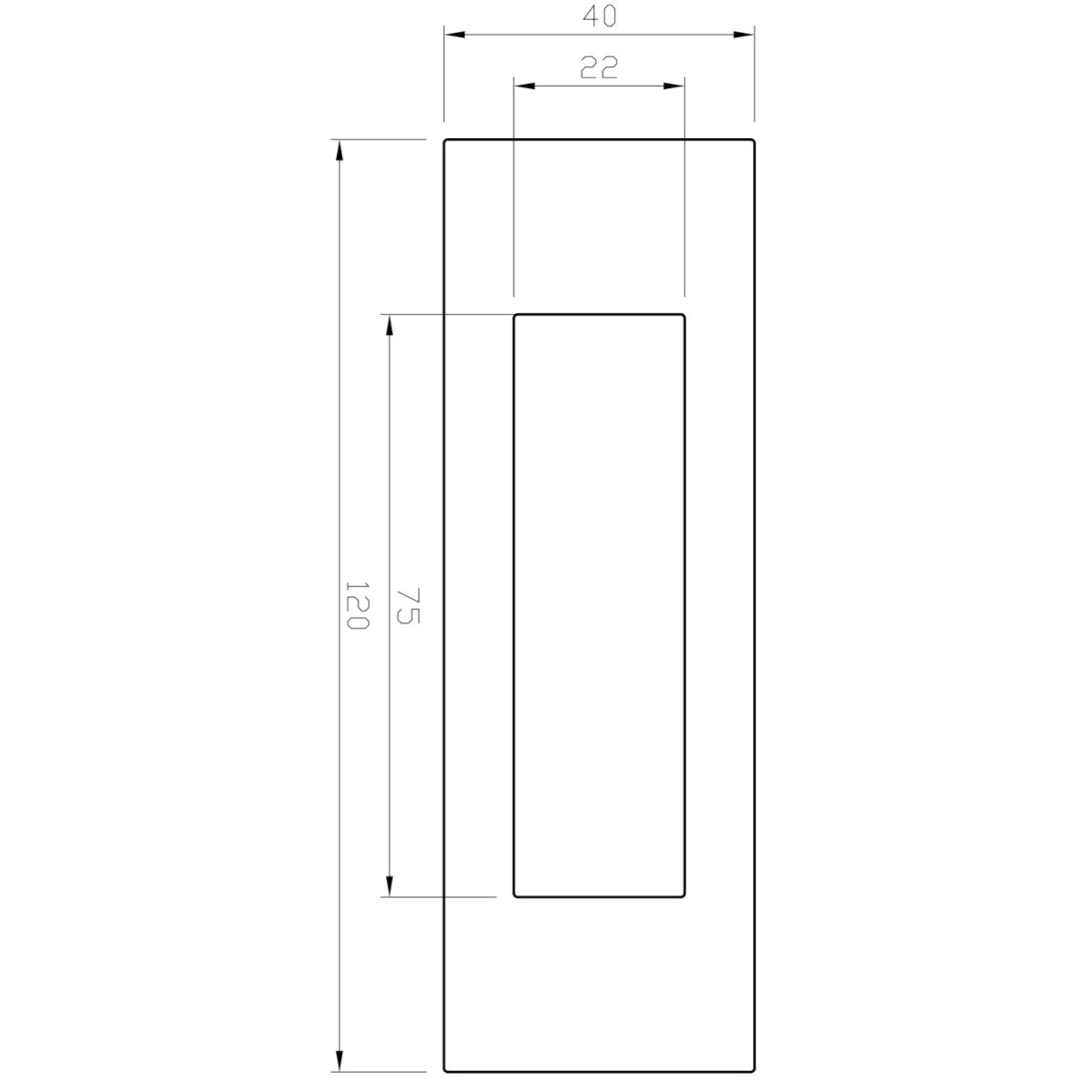 Frontview specifications of Manovella Flush Pull 120mm x 40mm in Matt Black finish