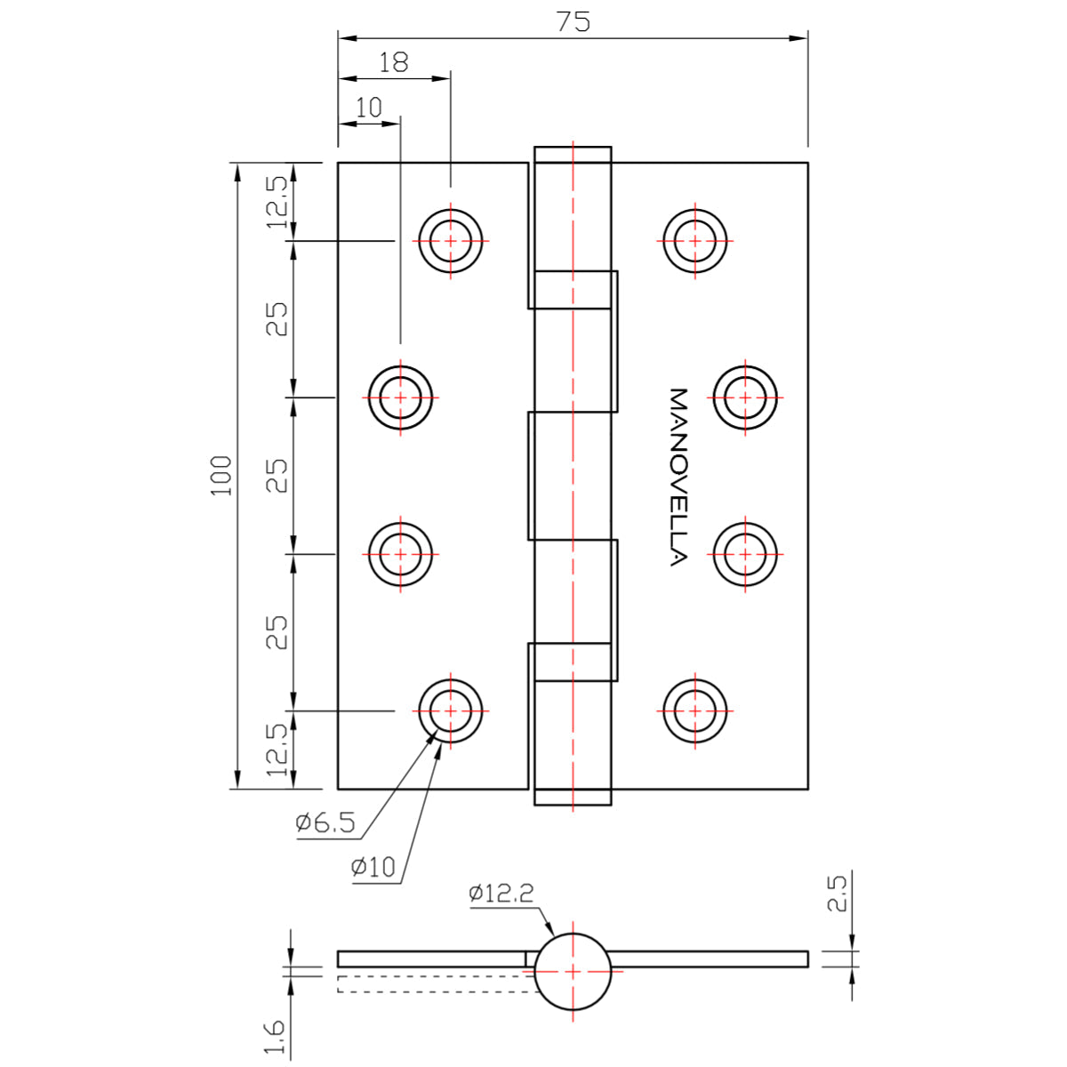 Measurements and specification of Manovella 100mm x 75mm Ball Bearing Hinge in Matt Black finish