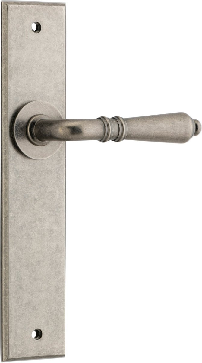 Sarlat Lever - Chamfered Backplate - Entry Point - Iver - Distressed Nickel - Door Levers