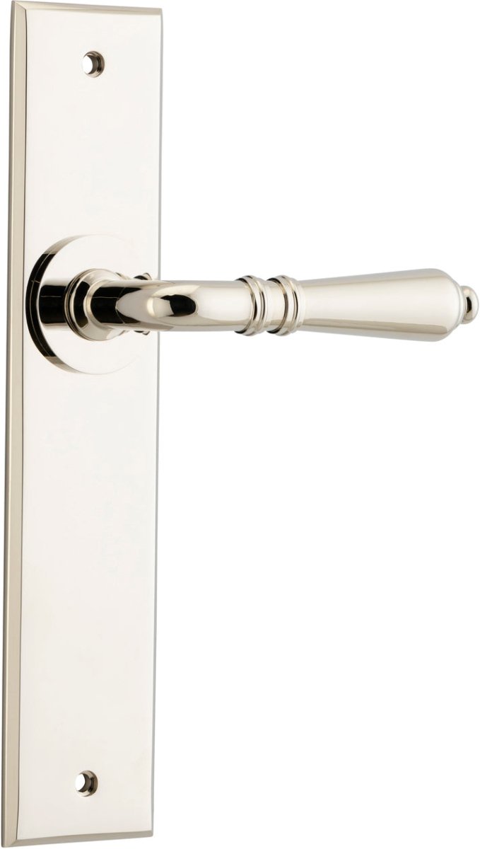 Sarlat Lever - Chamfered Backplate - Entry Point - Iver - Polished Nickel - Door Levers