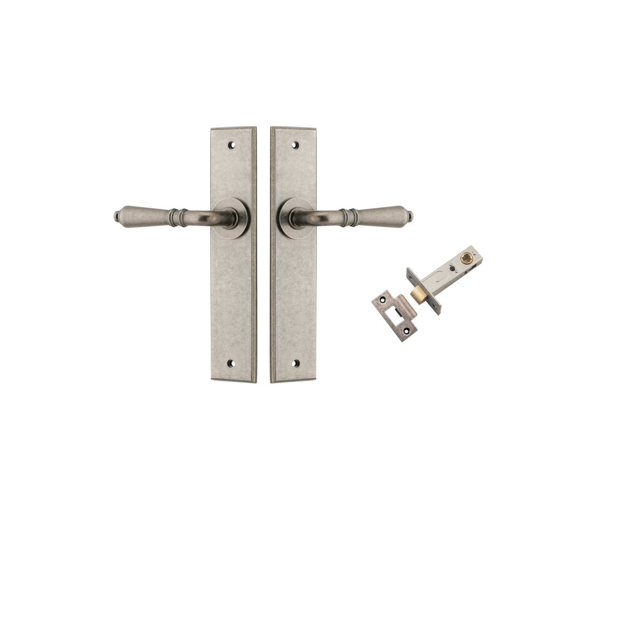 Sarlat Lever - Chamfered Backplate - Entry Point - Iver - Distressed Nickel - Door Levers